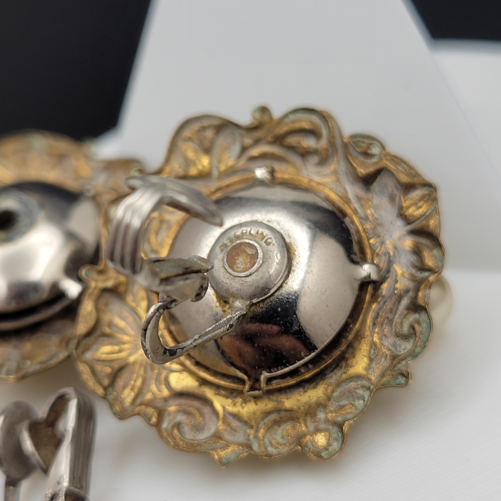 Vintage Art Nouveau Brass Faux Cluster Pearl Sterling Clip-On Earrings *AS-IS* - Picture 12 of 15